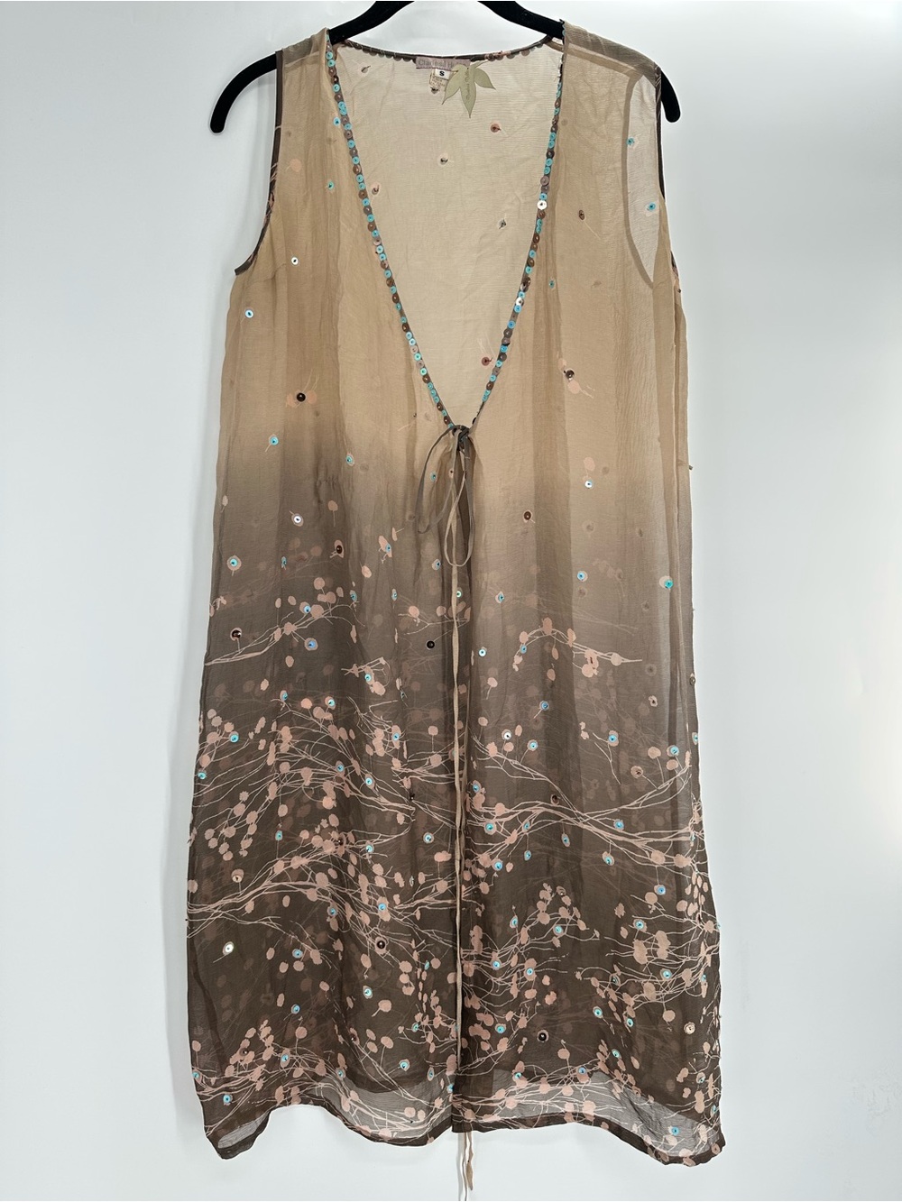 Clarissa Hulse 100% Silk Sheer Sequin Duster Vest S Boho Y2K Brown Blue